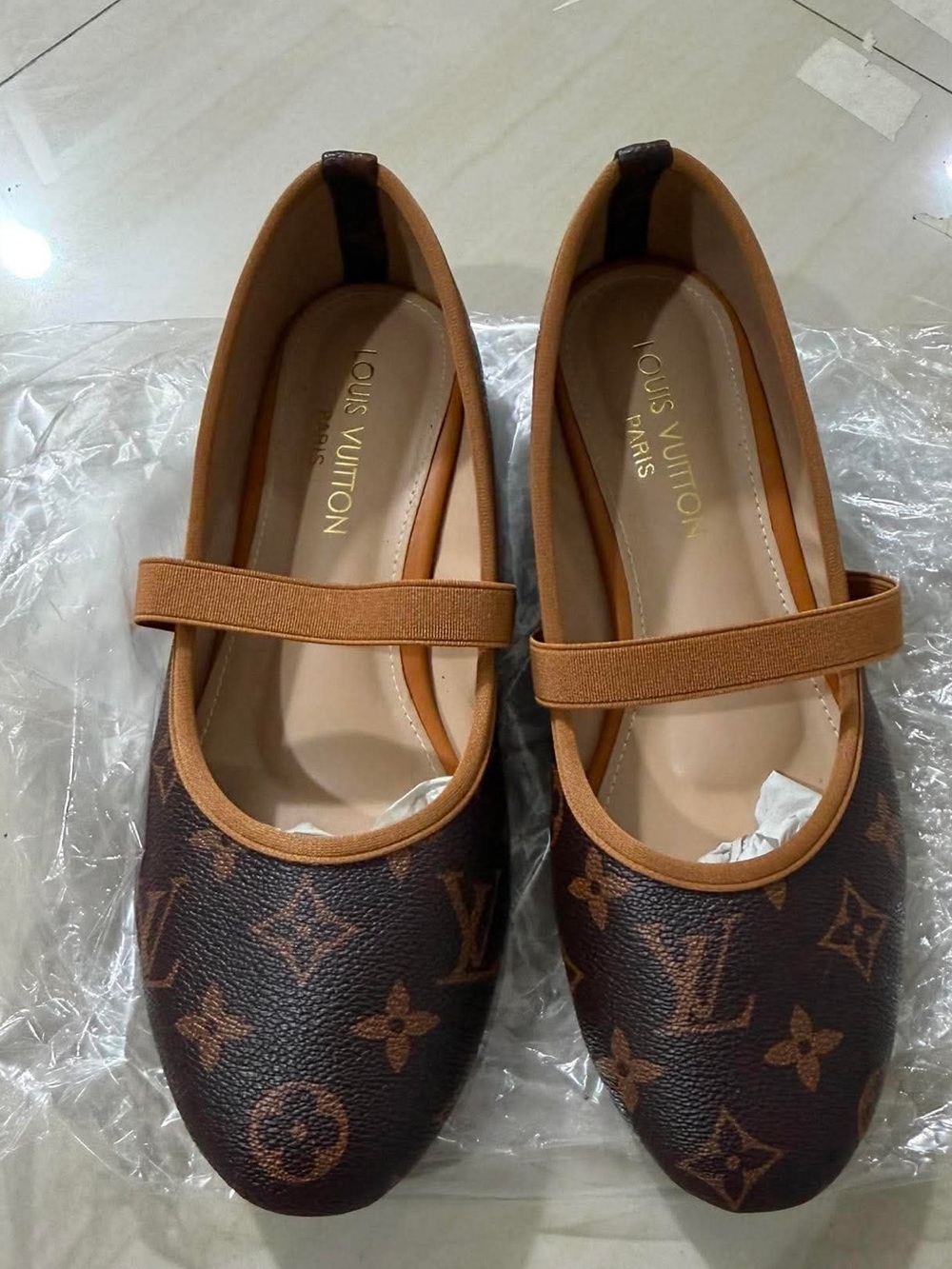 Brown Monogram Mary Jane Flats with Tan Trim